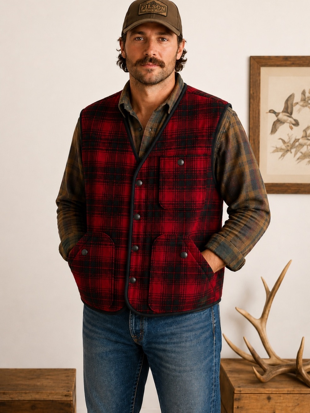 Woolrich Red Black Buffalo Plaid Wool Hunting Vest Men's Size XL (Estimated)